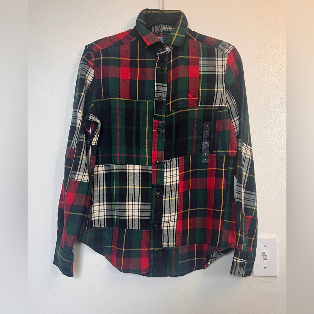 Women's patchPlaid Button Down Shirt - Red, Green, Black - Picture 6 of 14